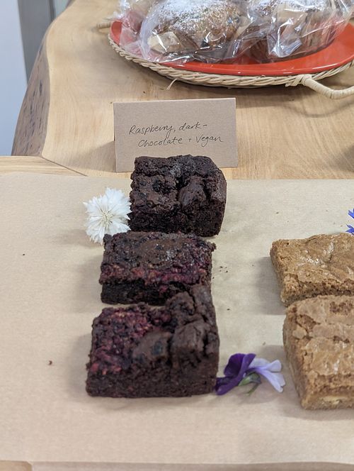 Vegan raspberry and chocolate brownies at Alchemy & Storm in Hokitika