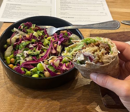 Falafel wrap and side salad  at Bootlegger Coffee Company  in Cape Town