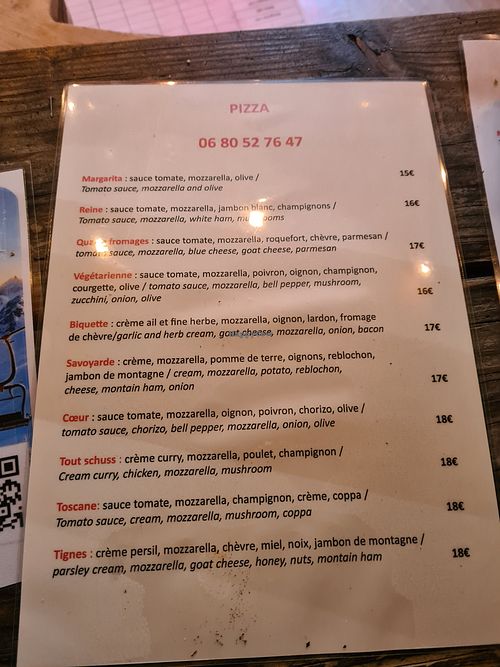 Pizza menu at Cœur des Neiges in Tignes