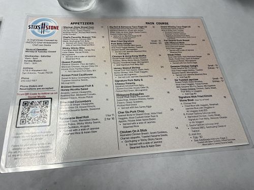 This is the full menu. There are more options for vegetarian on the full menu    at Stixs & Stone in San Antonio