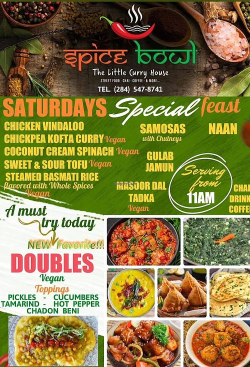 Menu with vegan options at Spice Bowl Authentic Curry House in Tortola