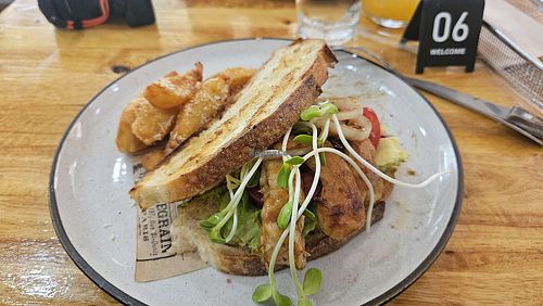 Avocado vegan chicken sandwich at Breakfast Factory in Chiang Rai