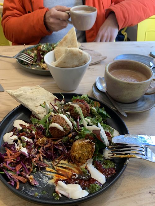 Falafel with the tastiest flatbreads I’ve ever had, hummus, Middle Eastern Slaw, Arabic Salad, Doug and harissa dressing. So tasty!  at The Beech Tree in Oswestry