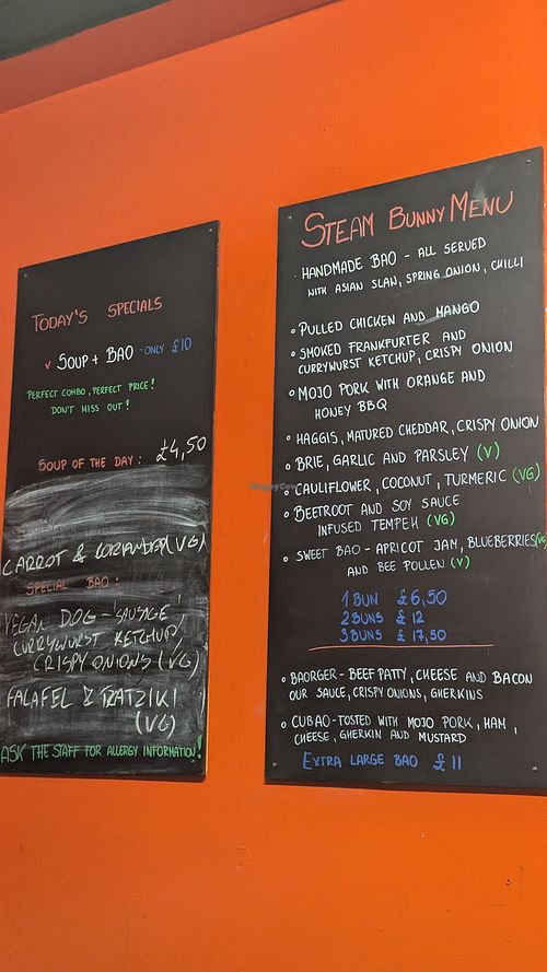 Menus at Steam Bunny in Edinburgh