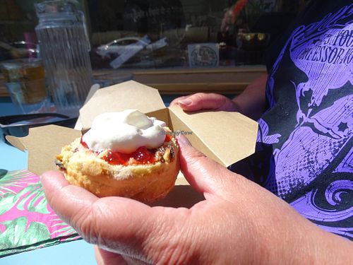 Vegan scone with jam and cream at All Good Things Vegan in Paignton
