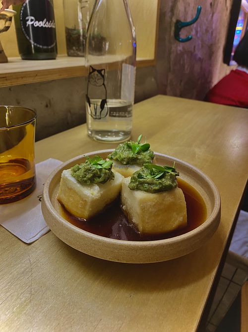 Xiang Xiang Crispy Tofu Cubes 💚  at chaochao. vegan food and natural wine bar in Beijing