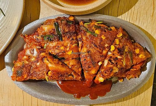 kimchi pancake at chaochao. vegan food and natural wine bar in Beijing