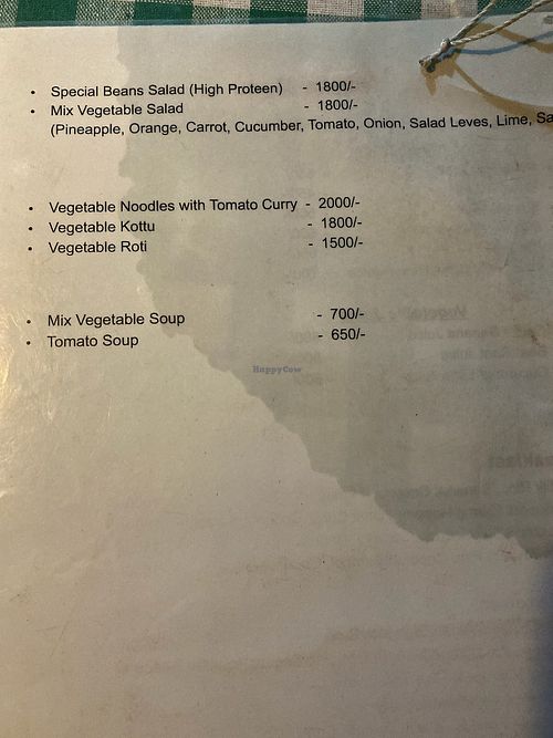 vegan menu page 2 at Jasmine Cafe and Sea Food Restaurant in Tangalle