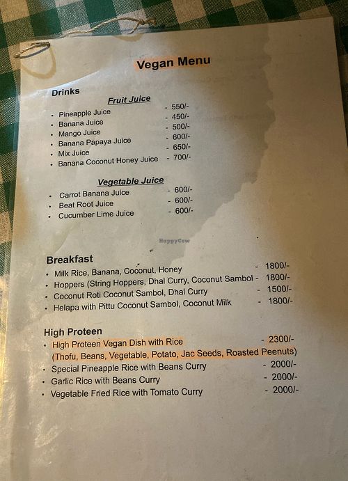 vegan menu page 1 at Jasmine Cafe and Sea Food Restaurant in Tangalle