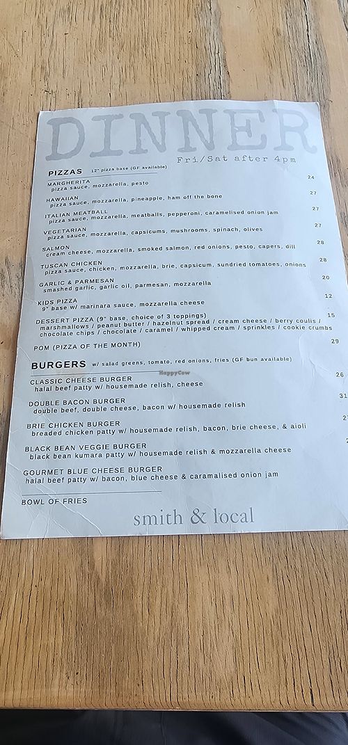 Dinner menu  - Feb 2025 at Smith & Local Parua Bay in Parua Bay