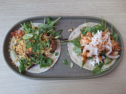 Crispy Falafel taco (left), Toban Djang taco (right) at Dirty Taco  in Malmo