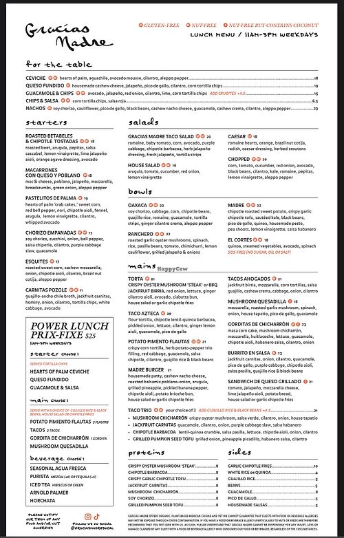 Lunch Menu - Highly recommend Price Fix Menu Option  at Gracias Madre - WeHo in West Hollywood