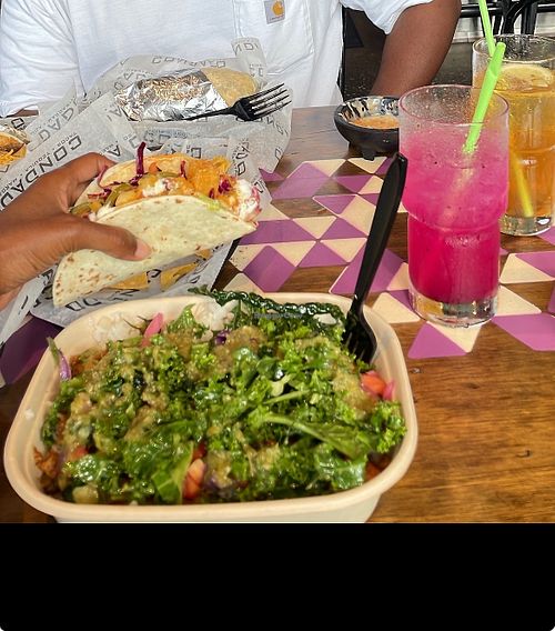 Rango Tango Taco & Rice and Bean Bowl with Veggie Chorizo and Poblano peppers with Dragonfruit Habanero mocktail at Condado Tacos in Greenville