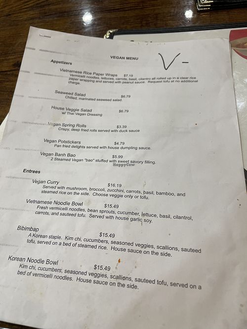 vegan menu  at Bep-pa  in Gastonia