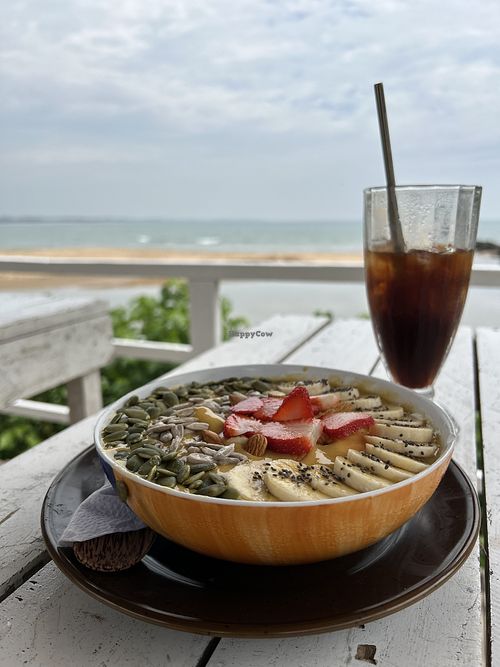 Smoothie bowl and iced coffee  at Cafe Salt Breeze in Tangalle
