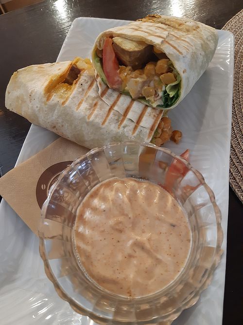 Chickpea - tofu wrap with avocado, salad and vegan mayo. at PR' JAKCU in Kamnik