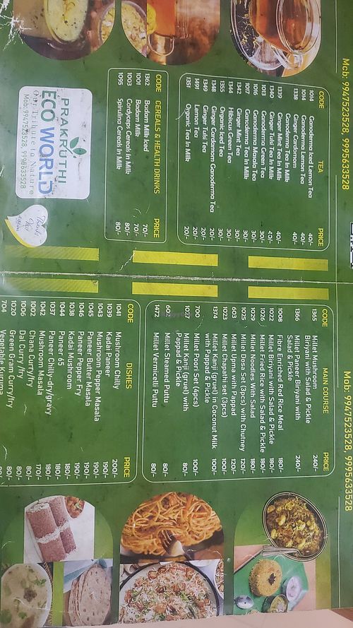Menu at Prakruthi Eco World in Fort Kochi