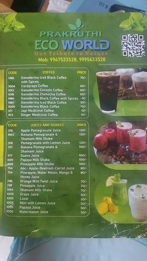 Menu at Prakruthi Eco World in Fort Kochi