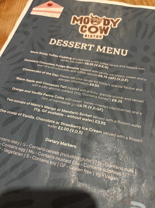 June ‘26 | dessert menu  at The Moody Cow Bistro in Aberaeron