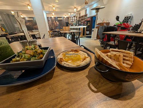 Hummus and salad at Peace Center Restaurant in Bethlehem