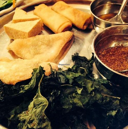 kale chips, tofu, samosas and spring rolls at Red Curry Vegan Kitchen in Flagstaff