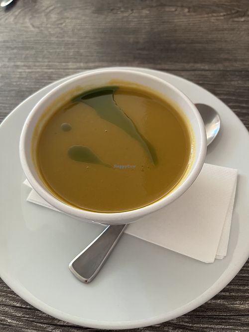 Vegetable soup which is vegan but can not eat the bread that comes with it!   at Quay West Restaurant  in Donegal