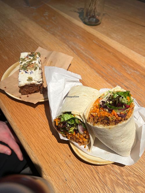 Falafel wrap and carrot cake (both vegan) at The Garden Kitchen in Cambridge