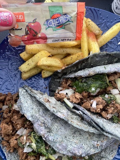 Tacos de Suadero Con Cebolla 🙃 y Cilantro con Papas y Catsup (Everything Was Devoured) 😛💕🤫  at Karma Vegano in Mexico City