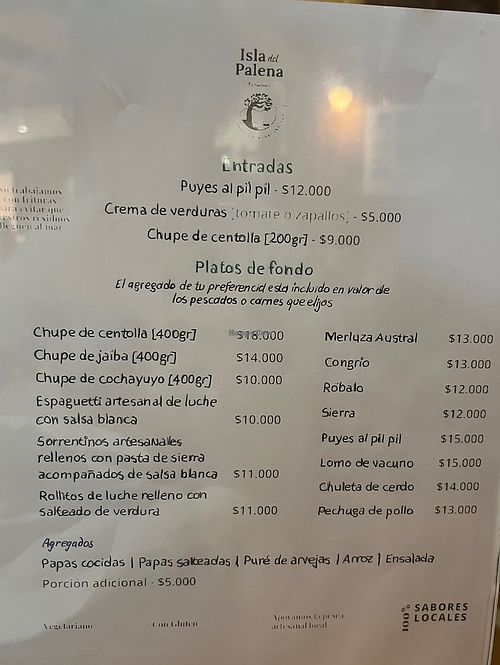 Carta del restaurante   at Isla del Palena in Aysen