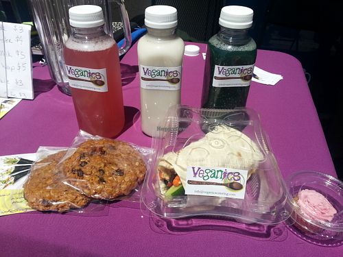 wrap, cookie, juices, smoothies, and a sample cupcake at Veganics in Los Angeles
