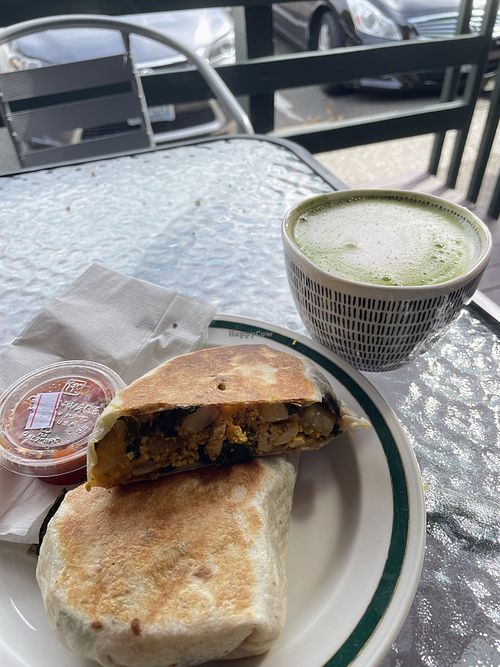 Vegan breakfast burrito and oatmilk matcha latte  at Victors Celtic Coffee in Redmond