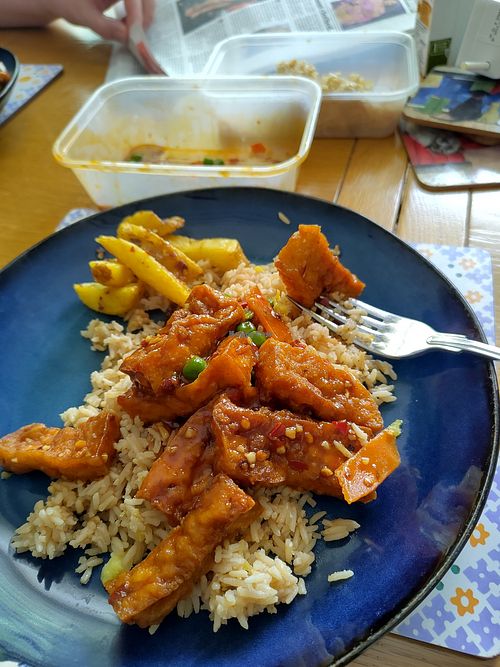 Tofu, fried rice, salt and chilli chips at Pagoda Chinese Takeaway in Lisburn
