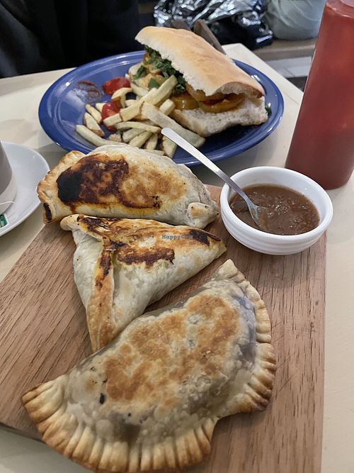 Empanadas & pickled eggplant sandwich  at Catch Your Breath Coffee BAR in La Paz