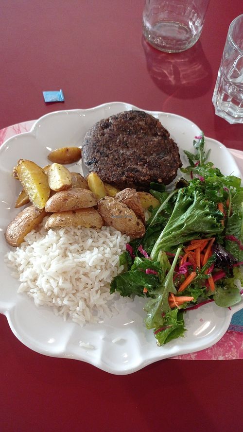 Hambúrguer vegan caseiro de feijão e cogumelos com salada, arroz e batata no forno at Foliateca in Torres Vedras