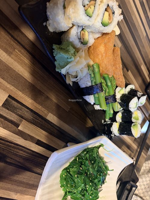 Seaweed salad. Asparagus sushi, tofu avocado tempura rolls, avocado and cucumber maki and tofu sushi.  at Sakura Japanese Restaurant in Belfast