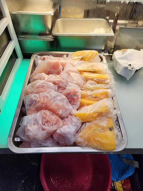 Daily selection of fruits. Sometimes there is also orange, pineapple, and rock melon at Jing Xin Vegetarian in Central Singapore