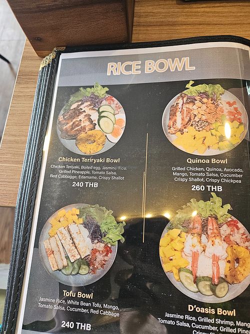 menu showing vegan tofu bowl at D'oasis Cafe' at Railay Beach in Krabi