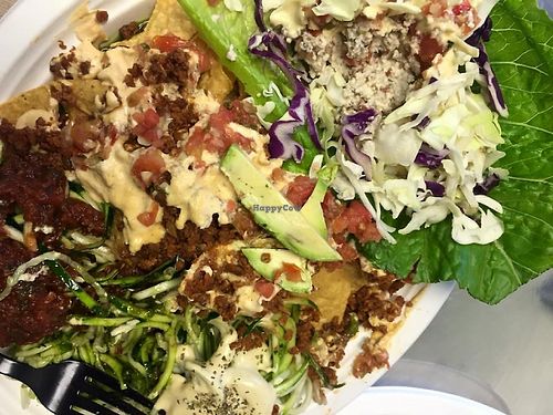 Combo Plate with nachos, zucchini pasta with pesto and lettuce wraps.  at Simply Pure in Las Vegas