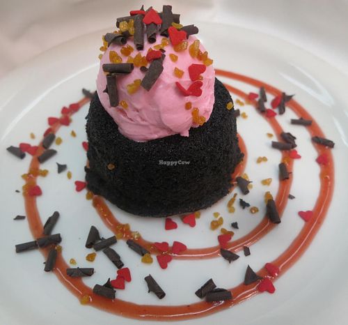 'My Funny Valentine' vegan and Gluten-Free Chocolate Molten Cake with a rose/caramel Cream Cheese Topping at Ellen's Stardust Diner in New York City