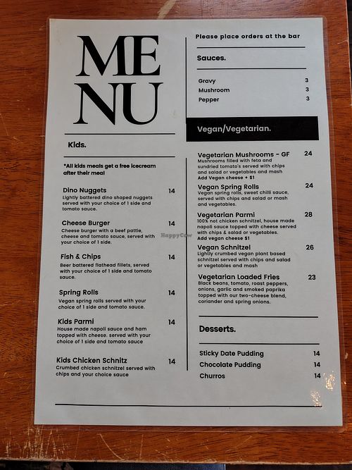 Menu with vegan options at Miners Gold Brewery in Beaconsfield