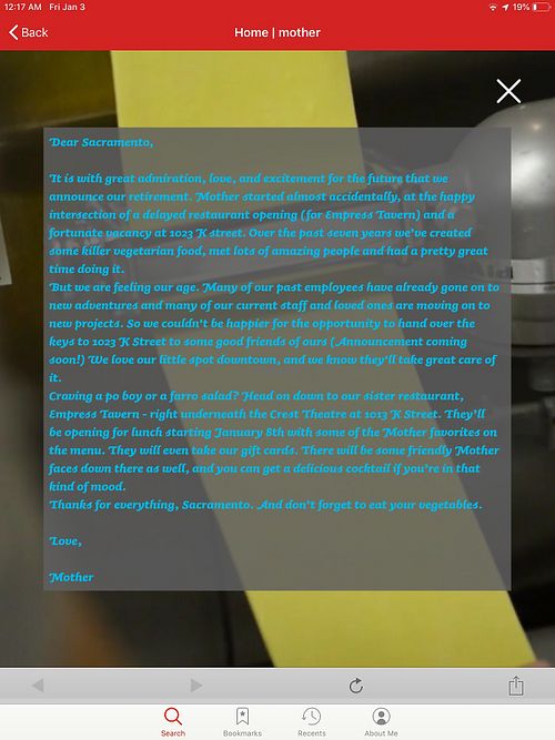 Update on their website at Mother in Sacramento