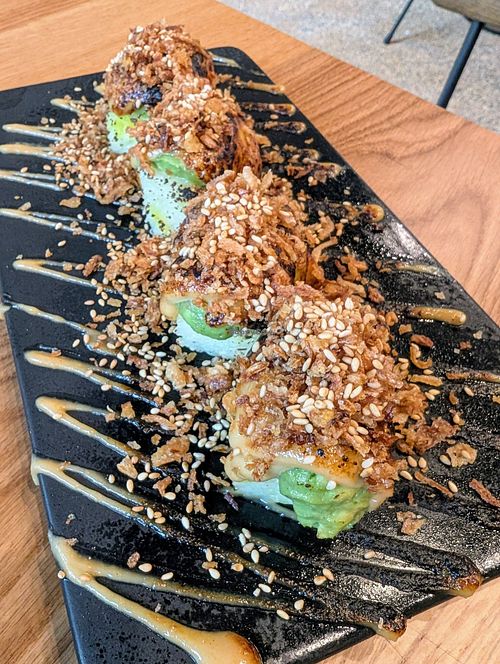 Roasted miso avocado half at REDWHITE BONELESS RAMEN Downtown Los Angeles in Los Angeles