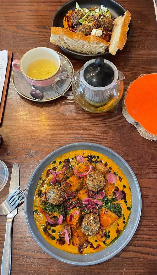 Bombay Aloo and muhamarra falafel sandwich at GEM Café in Ingleton