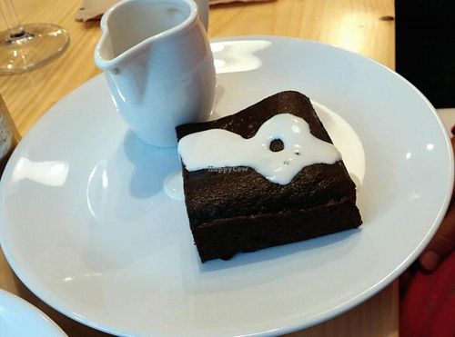 Warm chocolate brownie and soya cream at Wildebeest in Falmouth