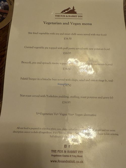 Dedicated menu for veggie / vegan dishes  at The Fox & Rabbit Inn in Pickering