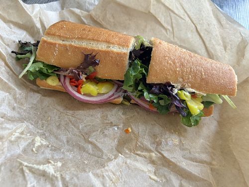 Mediterranean veggie, no feta cheese, add banana peppers and French baguette  at St Louis Bread Co in Maryland Heights