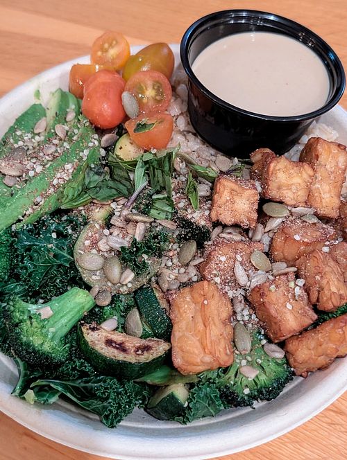 Tempeh bowl at Higher Taste Plant Based in Long Beach
