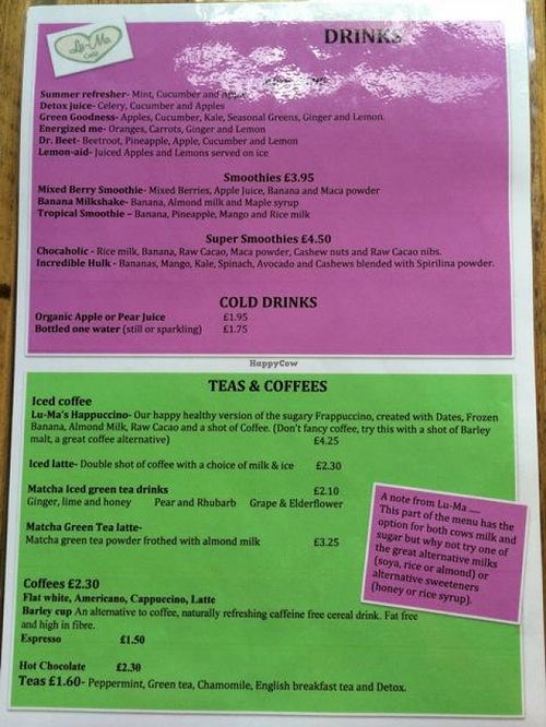 Drink Menu at Lu-Ma Cafe in South West London