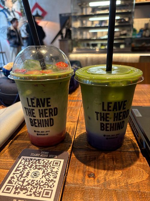 Iced oat strawberry matcha latte and iced oat blueberry matcha latte at Black Sheep Coffee Dundee  in Dundee