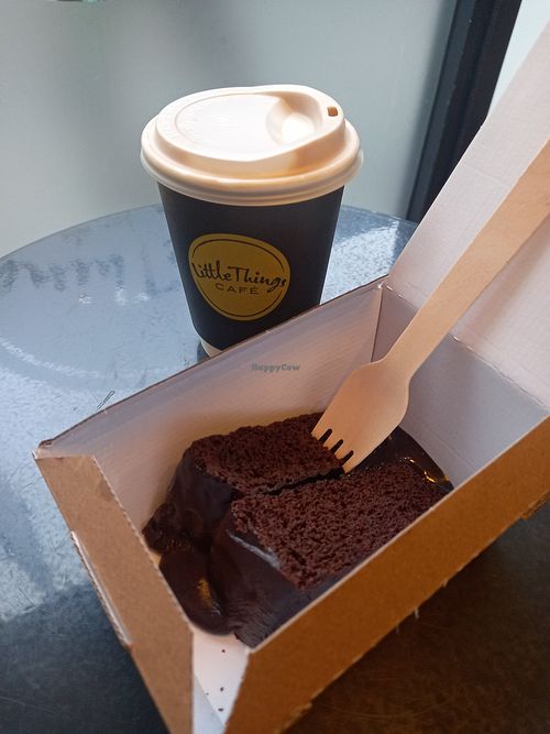 Coconut latte and fudge cake at Little Things Cafe  in Dundee